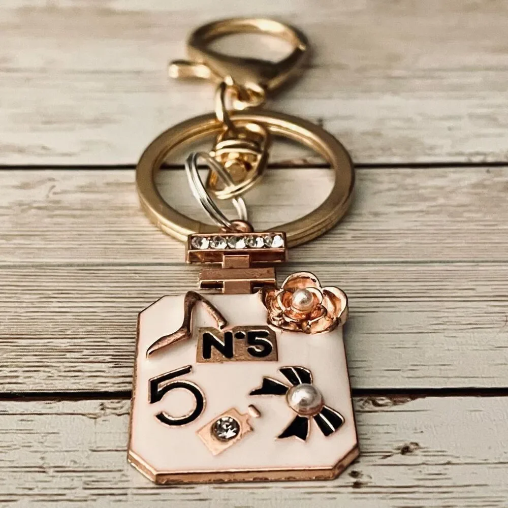 Fine Perfume bottle Gold White Bling Metallic Lobster clasp Keyholder Keychain k